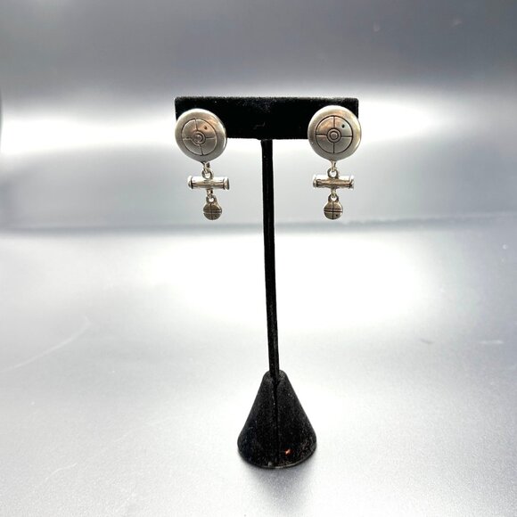 90s Vintage Lisa Jenks Sterling Silver Target Circle Drop Clip-on Earrings GUC - Picture 2 of 6